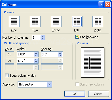 To place a vertical line between columns, select the 'Line between' check box.