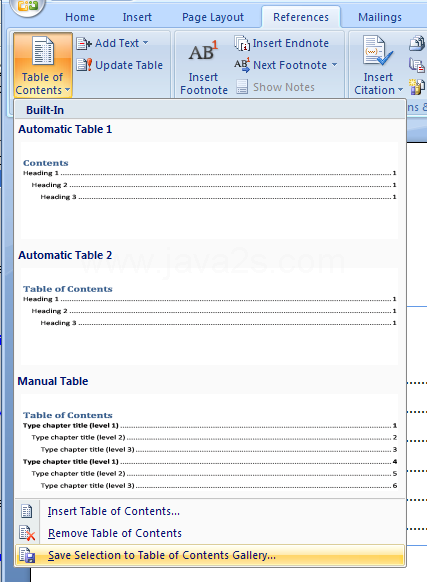 Save your table of contents style to the Table of Contents gallery