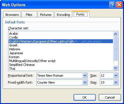 The Fonts tab allows you to determine the character set.