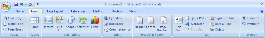 Insert: Inserting shapes, pages, tables, illustrations, links, headers, footers, text, symbols, and equations
