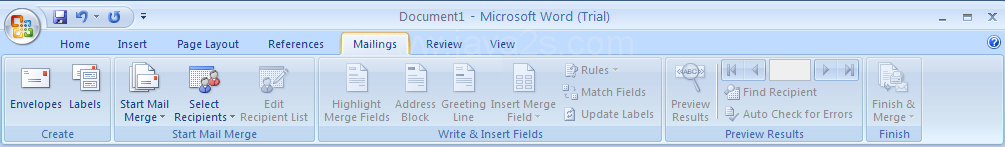 Mailings: Creating envelopes and labels, performing mail merges, writing and inserting fields; previewing and finishing mail merges