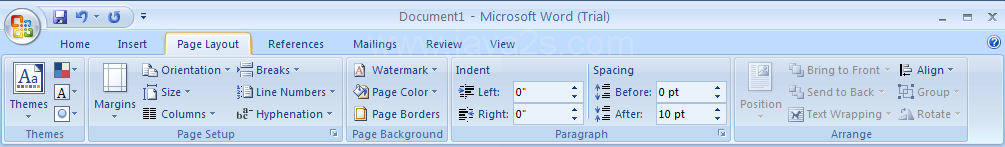 Page Layout: Selecting themes; setting up pages, page backgrounds, paragraphs, and arranging location of text and graphics on the page