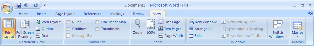 View: Changing document views; showing/hiding ruler, gridlines,...; zooming to one page, two pages, or page width; arranging and working with windows