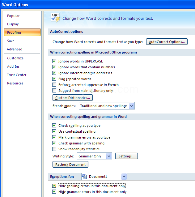 Then select the appropriate check box in the Exceptions for section.