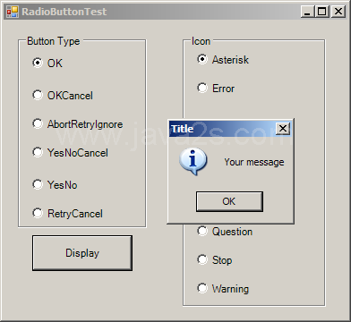 Using RadioButtons to set message window options.
